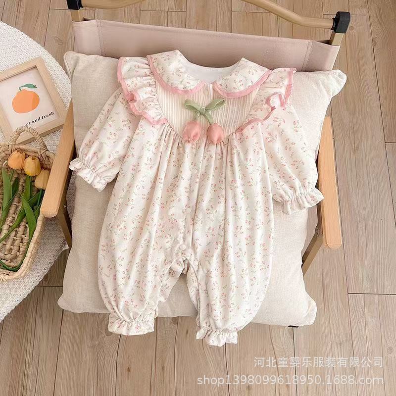 Baby clothes spring and autumn newborn baby girl one-piece double layer outing cute princess hundred days outwearwinter rompers