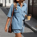 European and american cross-border e-commerce summer new women's clothing  independent website washed denim tie-up short sleeve shorts set