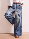 Amazon tiktok pinduoduo foreign trade cross-border fashion women's star patch embroidery drawstring denim wide-leg pants