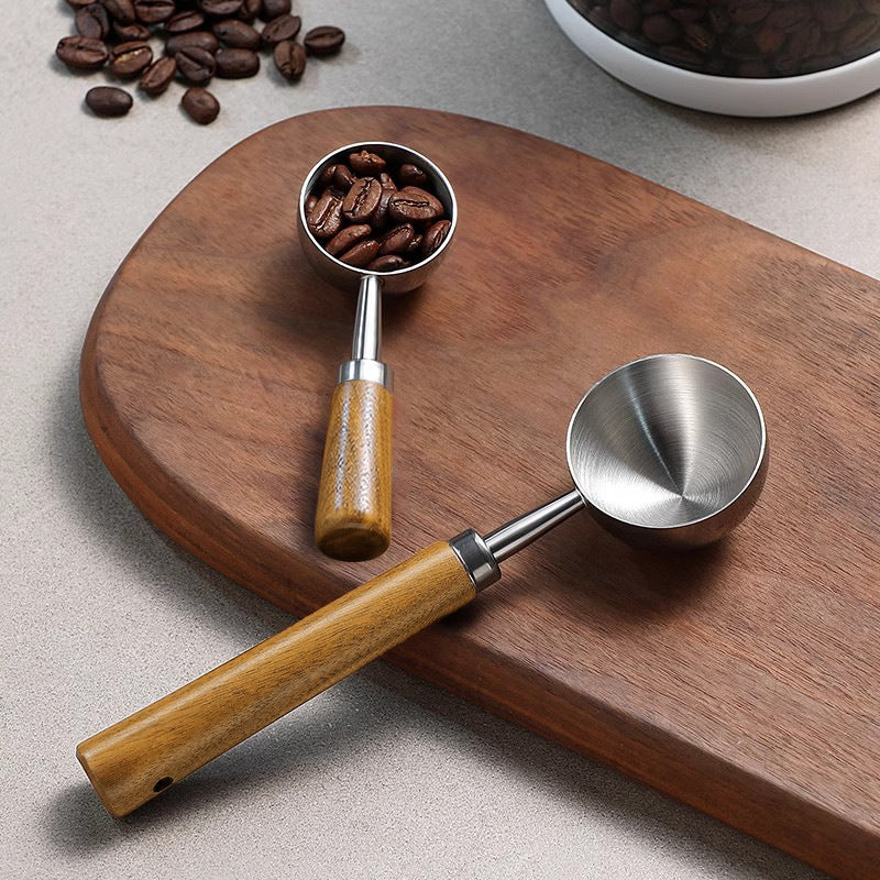 Custom 430 stainless steel round-head measuring spoons for baking, with beech wood handles – wholesale for home use and bubble tea shops
