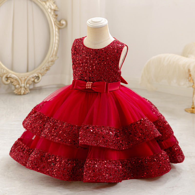 Girls' sequin patchwork round neck vest dress - stylish & customizable baby & toddler birthday & first birthday dress - oem available