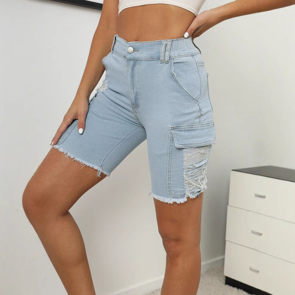 PD08499 European and American popular pocket holes, rough edges, slim and thin denim pants, solid color, versatile on the street in summer