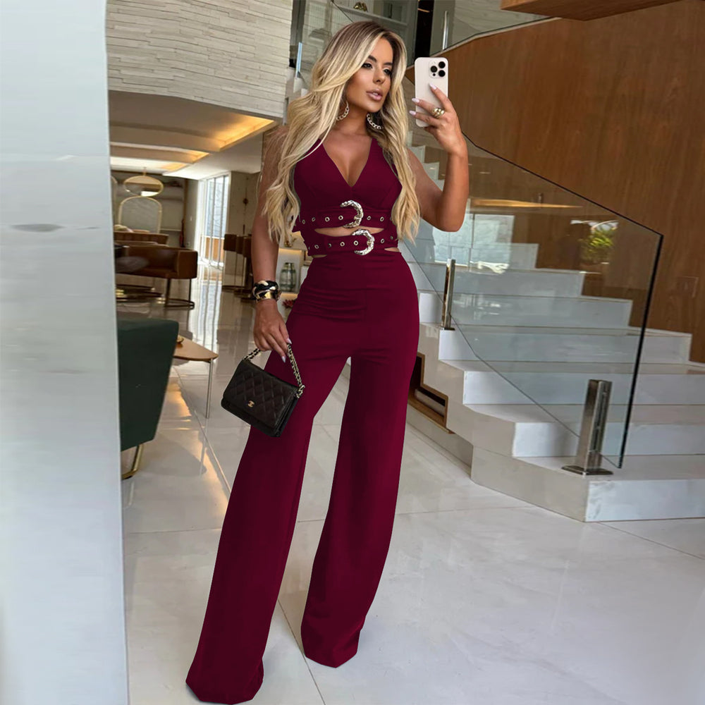 C7499 cross-border   fashion women's v-neck decorative buckle belt top and pants set
