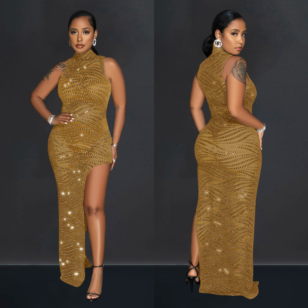 C6718 cross-border   fashion women's solid color mesh rhinestone sleeveless maxi dress