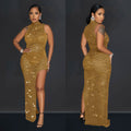 C6718 cross-border   fashion women's solid color mesh rhinestone sleeveless maxi dress