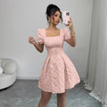 European and american cross-border  summer slim-fit women's elegant jacquard solid color puff sleeve square neck a-line dress