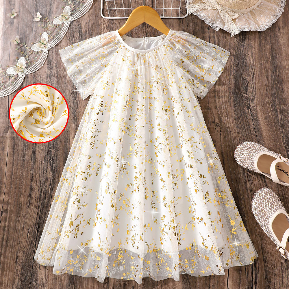 Girls' dress for toddlers and young children, leaf print mesh dress