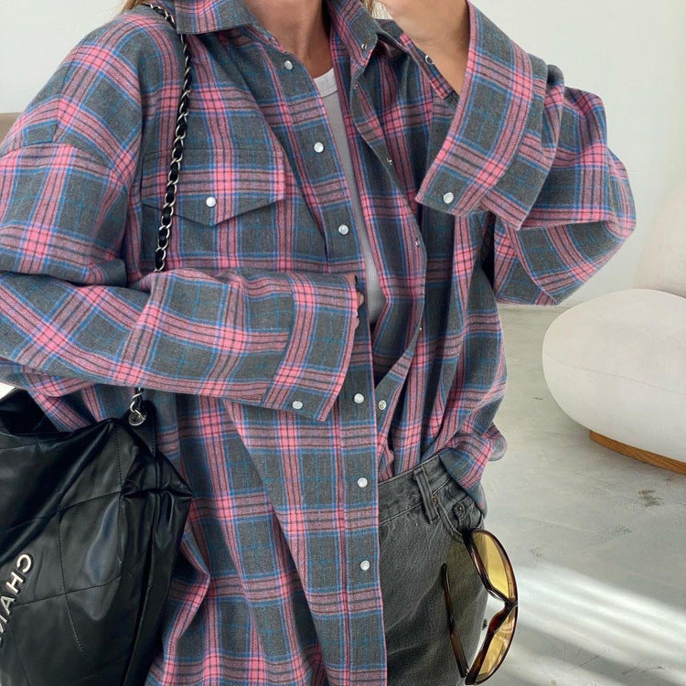 cross-border vintage style versatile turn-down collar loose fit shirt - spring/autumn plaid long sleeve pocket women's blouse