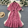 Palace style classy stereo flower lantern sleeve dress female french strap waist single breasted elegance long skirt