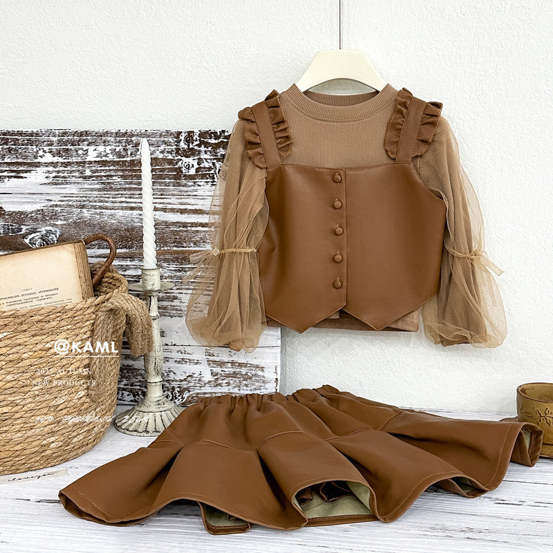 Girls' fall outfit : stylish three-piece leather set for little girls - trendy autumn fashion with chic base layers for kids