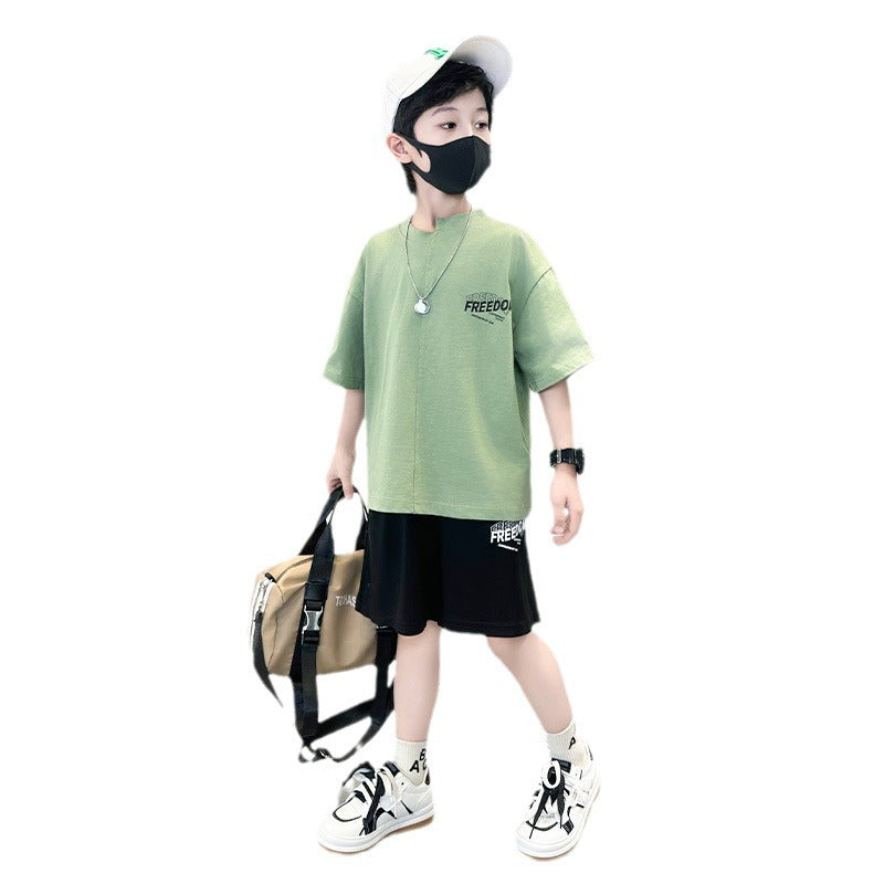 Boys' summer outfit  new summer collection, mid-to-large children's boys' lightweight, stylish, trendy, and cool short-sleeve set