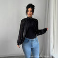 European and american cross-border women's fashion:  autumn new collection - mesh long sleeve puff sleeve beaded bodycon top