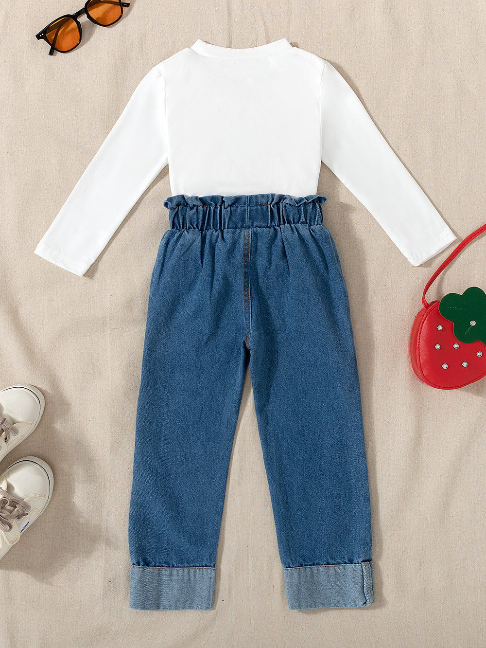 new autumn cross-border baby & toddler cute strawberry print top + embroidered denim maxi skirt with bag 3-piece set
