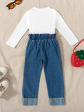 new autumn cross-border baby & toddler cute strawberry print top + embroidered denim maxi skirt with bag 3-piece set