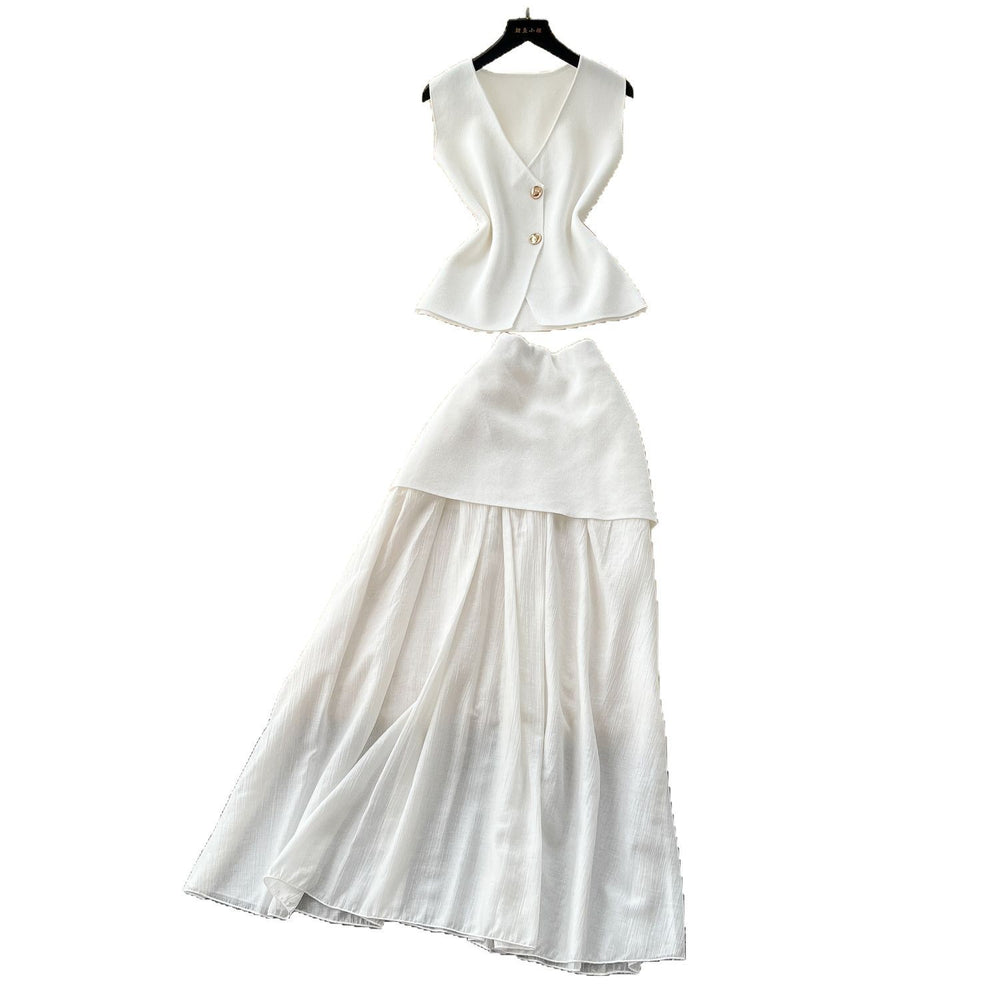 Elegant two-piece summer outfit: high-end sleeveless knit top & high-waisted bodycon midi skirt set