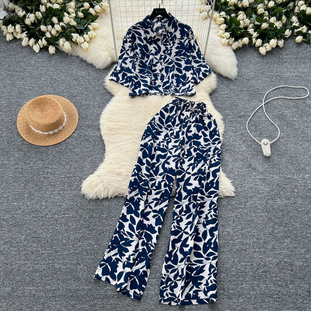 Salt style light mature style suit women's fashioneasiest for matchlooseshortprintingshirt+high waistslimming lookloosecasual pants