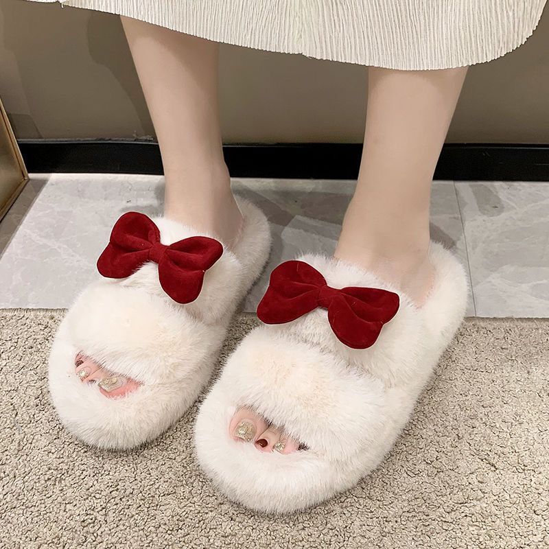 Thick sole cotton slippers for women autumn winteroutwear2024new arrivalpopularbowsbowsoutwearins furry slippers