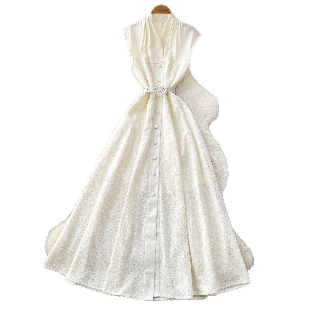 Frenchelegance style sleeveless single breasted dress for women summernew arrivalk-style waist slimming look long skirt work clothingelegant