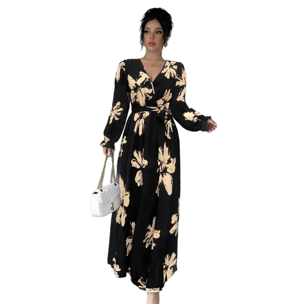 Amazon cross-border wholesale fashionable european and american style women's printed v-neck waist-defining dress