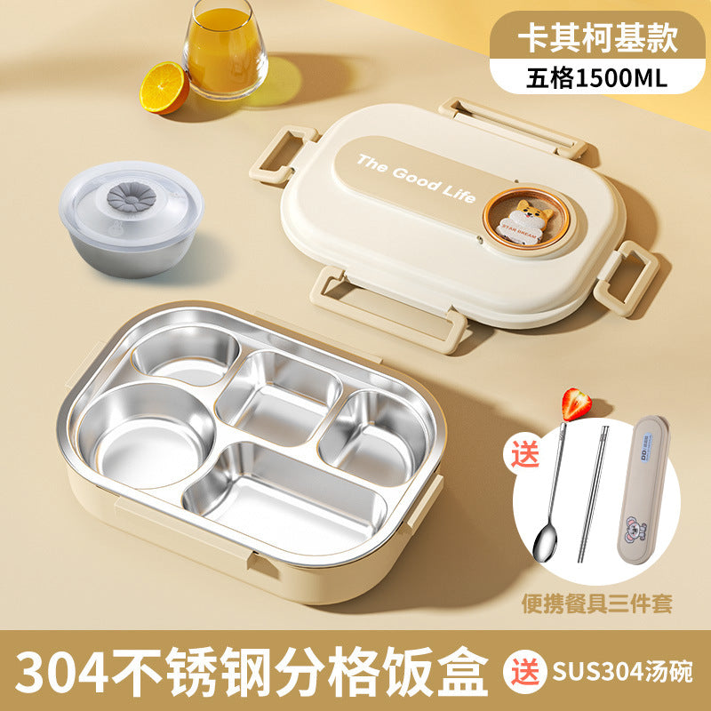 Korean primary school student lunch box 304 stainless steel children's grid lunch box, student lunch water filling and thermal insulation bento plate