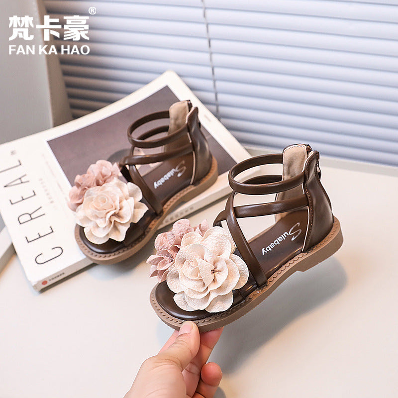 girls' sandals: new summer korean style children's shoes, fashionable floral princess sandals, little girl's roman sandals