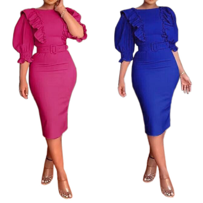 e-commerce african foreign trade  clothing fashion professional ol large size women's clothing half length sleeve dress belt