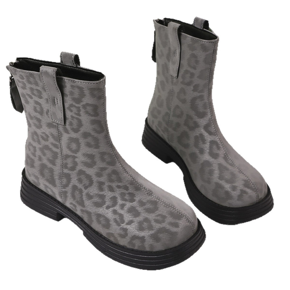 autum leopard print british styleplus size back zipper short boots thick sole round toe retroexportboots women's wholesale