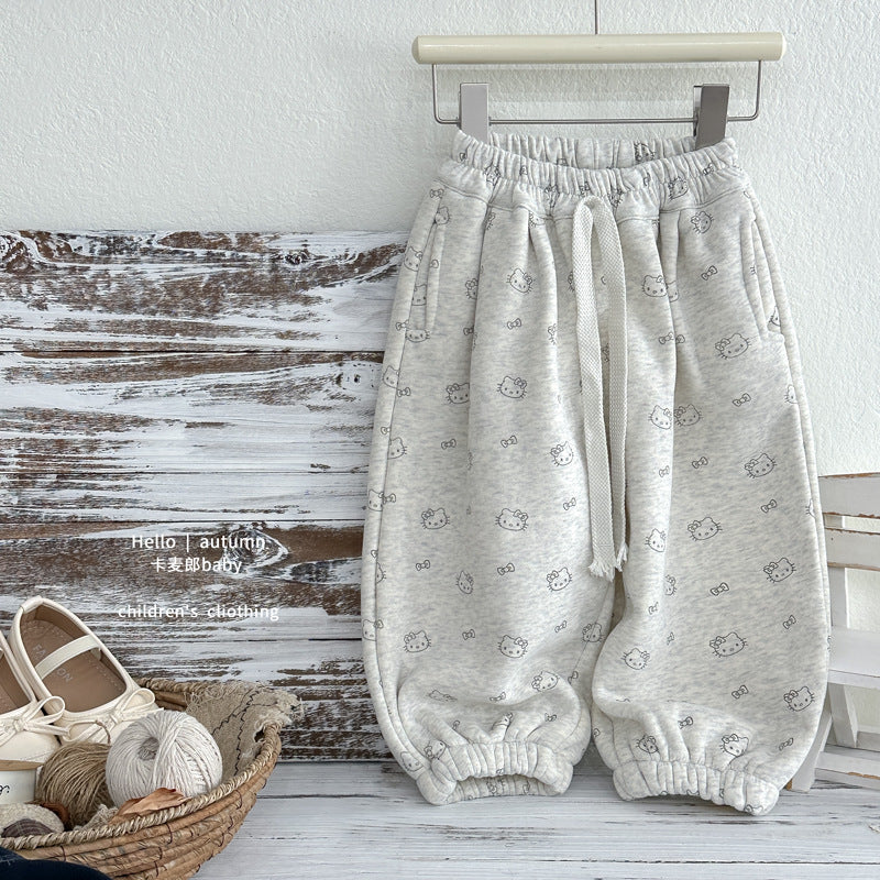 Fleece-lined pants spring & fallnew arrival cartoon kt cat bloomers thickenedcasualeasiest for match sweatpants boys pants trendy