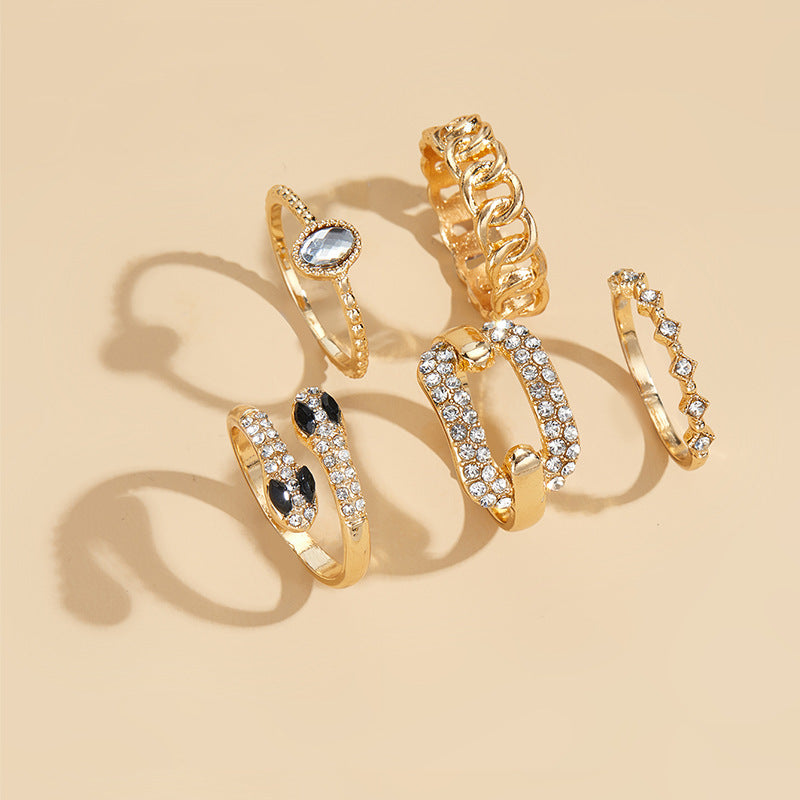 Ins style alloy ring wholesale cross-border niche accessible luxury jewelry snake-shaped stacked ring set diamond-encrusted women's ring