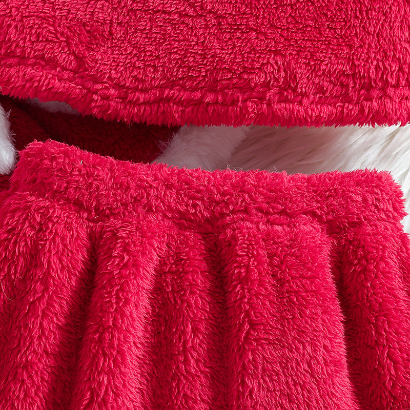 girlsuit red coral velvet hooded outwear vest tops skirtstuffedfall and winter three-piece suit