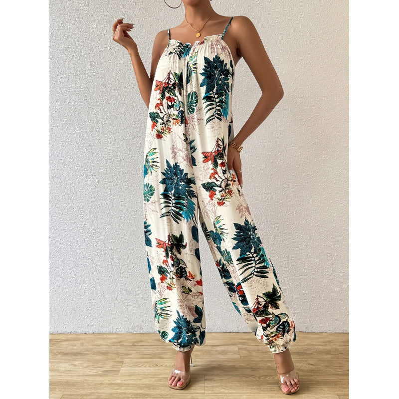 code new arrival  original women's casual plant printing jogger pants suspender jumpsuit