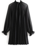European and american style women's fashion:  autumn new arrival - solid color long sleeve stand collar loose pleated dress
