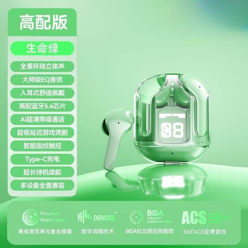 New wireless transparent bluetooth earbuds: digital display, stylish design, in-ear fit, long battery life, sports noise cancellation, vivid voice control
