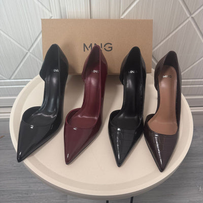 Spanish mng mango stone pattern dark brown high heels women's new pointed toe stiletto elegant sexy pumps