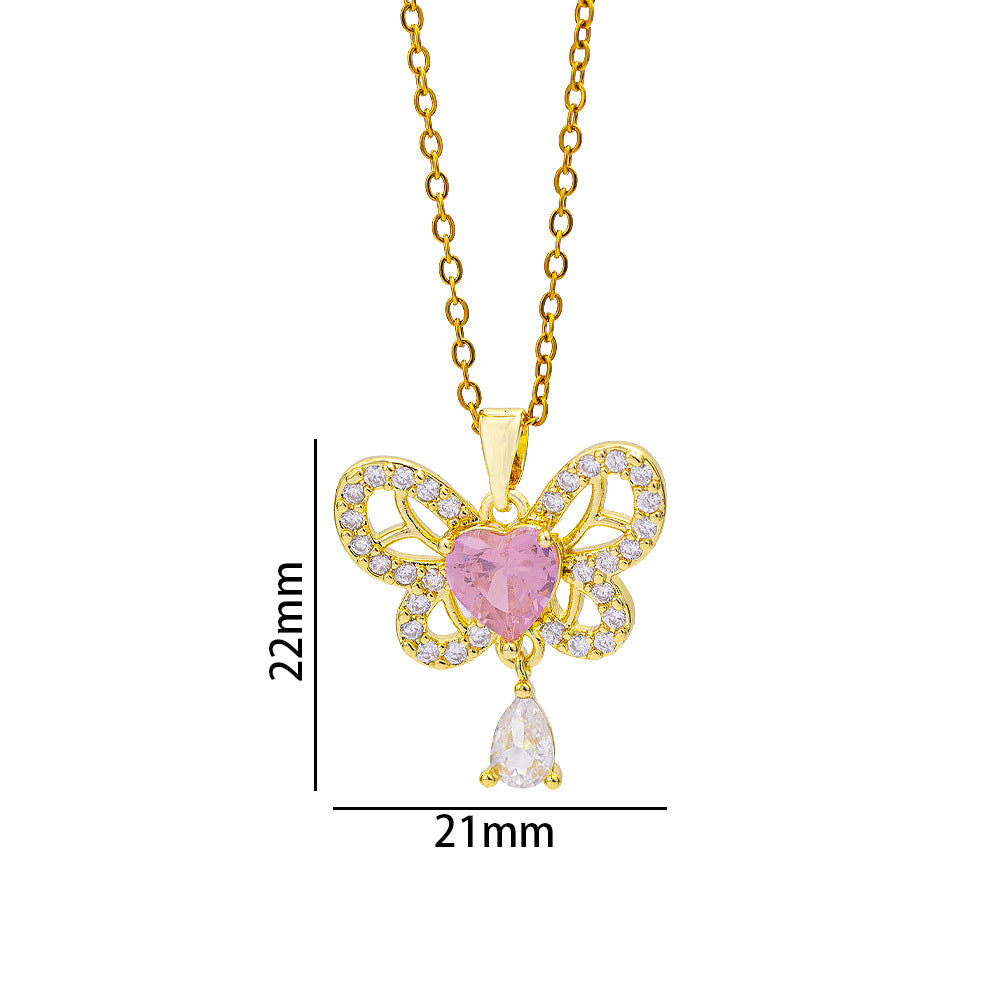 [titanium steel] hollow butterfly tassel light luxury elegant full diamond necklace women's gorgeous high-end easiest for matchsweater chain jewelry
