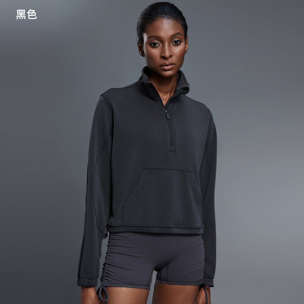 Casualloose half-zip sweatshirt women's autum windproof stand collar drawstring hem fitness sports topsd25136