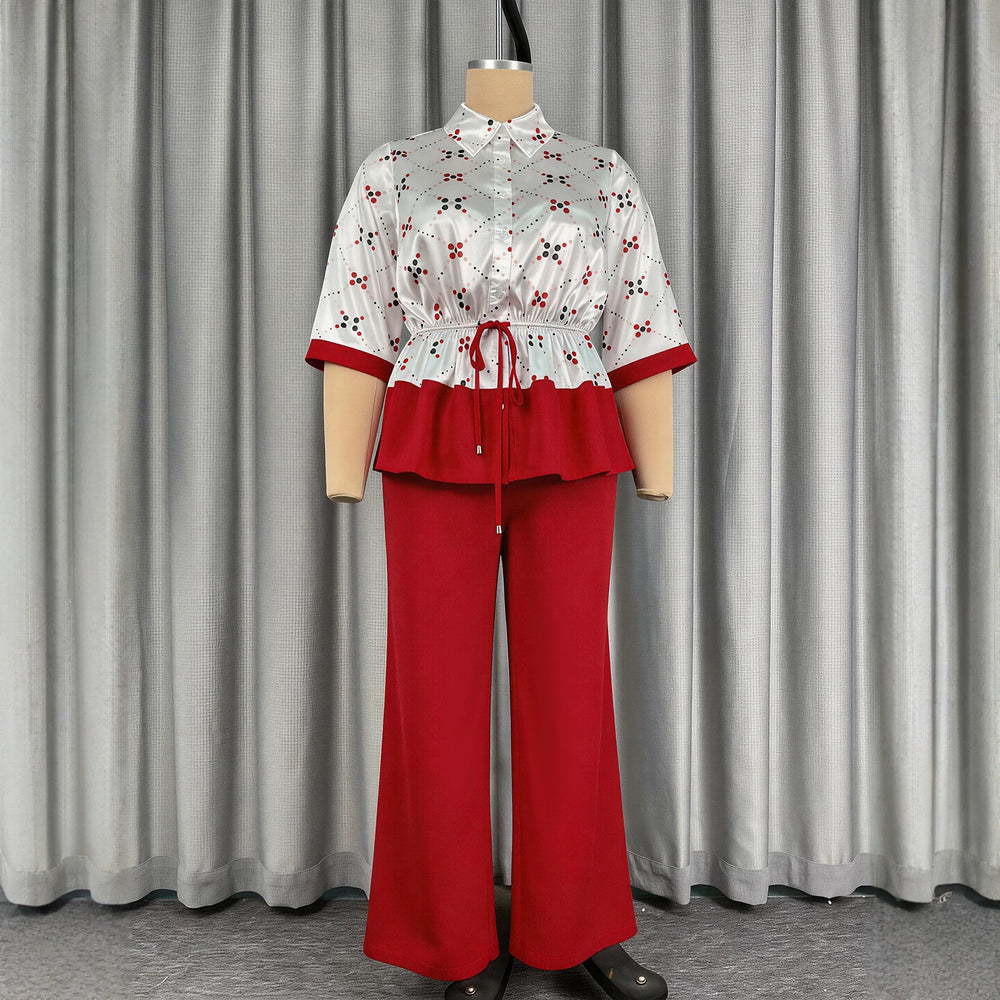 New arrivalprintingcasualtwo-piece set elegantwork clothingcontrast color waist ruffles drawstring topsloose pantssuit