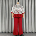 New arrivalprintingcasualtwo-piece set elegantwork clothingcontrast color waist ruffles drawstring topsloose pantssuit