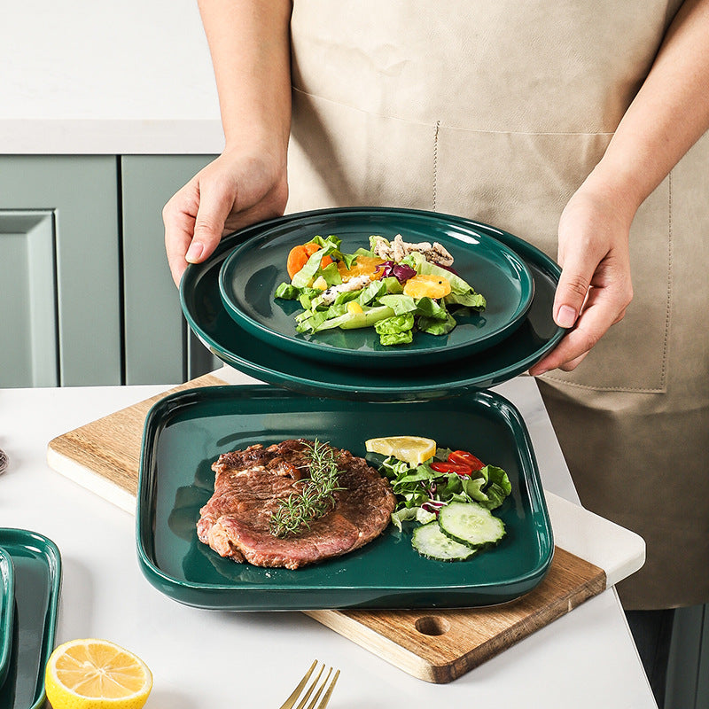 Nordic style creative green glaze ceramic steak plate - glossy green square/round plate - hotel-grade solid color salad plate