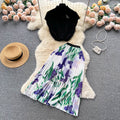 Vintage chic women's summer set: high-end design sleeveless blouse top + pleated maxi skirt two-piece outfit