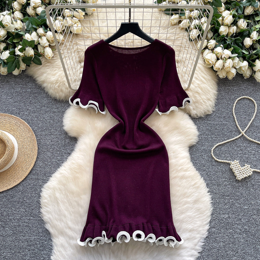 Xiaoxiangfengclassy contrast colorbows strappy long sleevesdress women's metal buckle waist slimming lookknitting short skirt