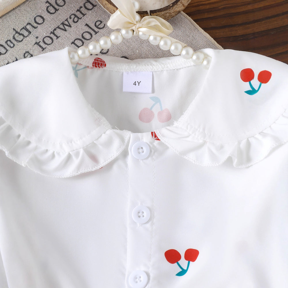 Children's clothing cross-border girl suit cherry white long sleevestops + red skirt