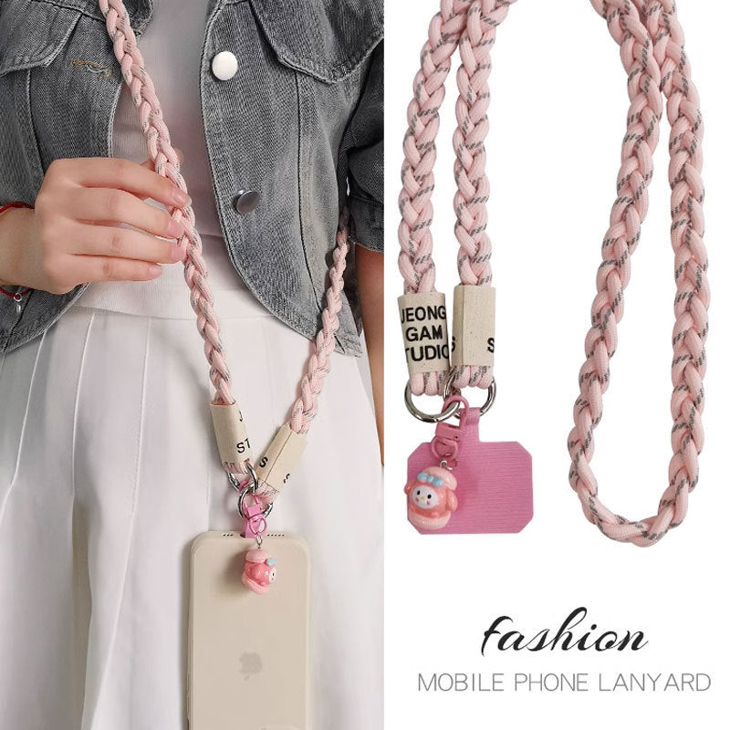 Three-strand braided thickened ponytail long crossbody rope can be carried by men and women outdoor handmade strong cable stitch mobile phone lanyard