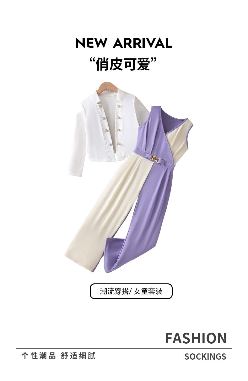 Girls' autumn outfit: white long-sleeve jacket & purple color-blocked vest romper set (two-piece)