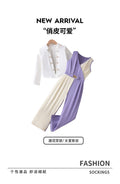 Girls' autumn outfit: white long-sleeve jacket & purple color-blocked vest romper set (two-piece)