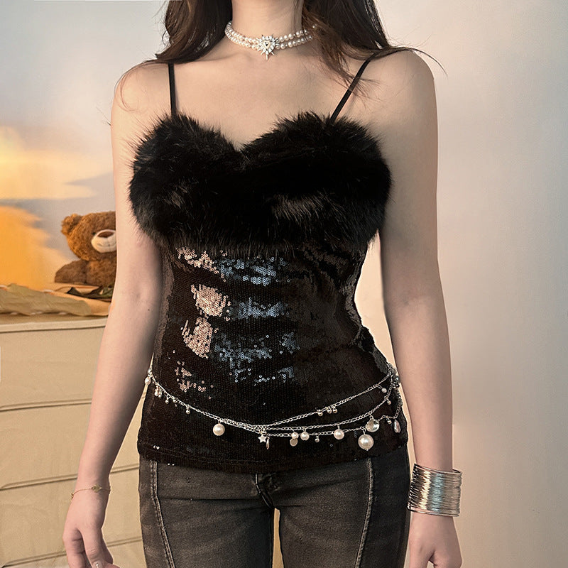 Sexy sweet and spicy style tube top fluffy splicing sequined suspender adjustable shoulder strap vest slim fashion versatile women