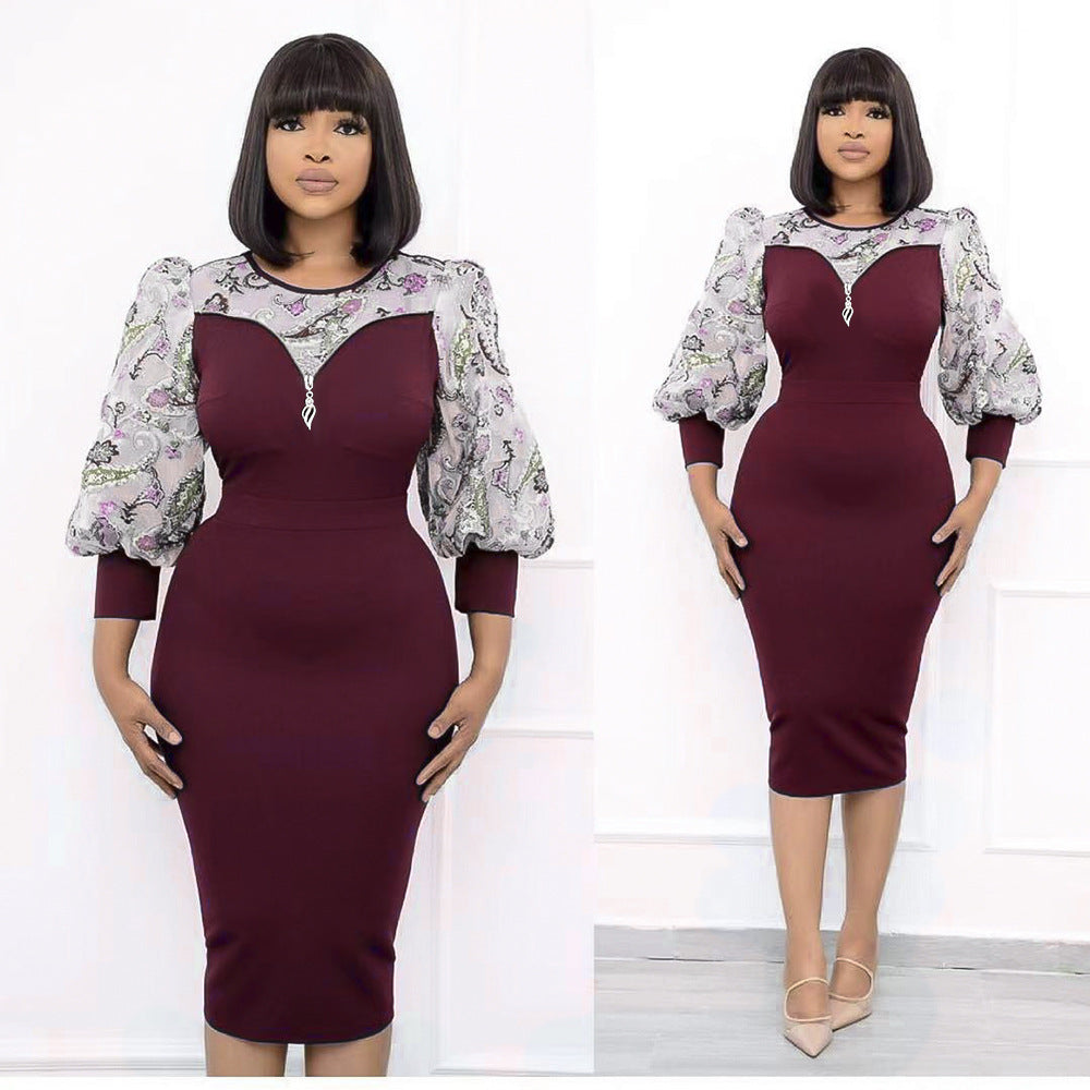 Long-sleeved, waist-cinching, midi-length dress,  new style, faux two-piece, spliced pencil skirt, african clothing wholesale