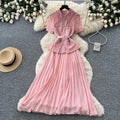 French chic yellow turn-down collar lace patchwork dress - women's summer elegant commute pleated maxi dress