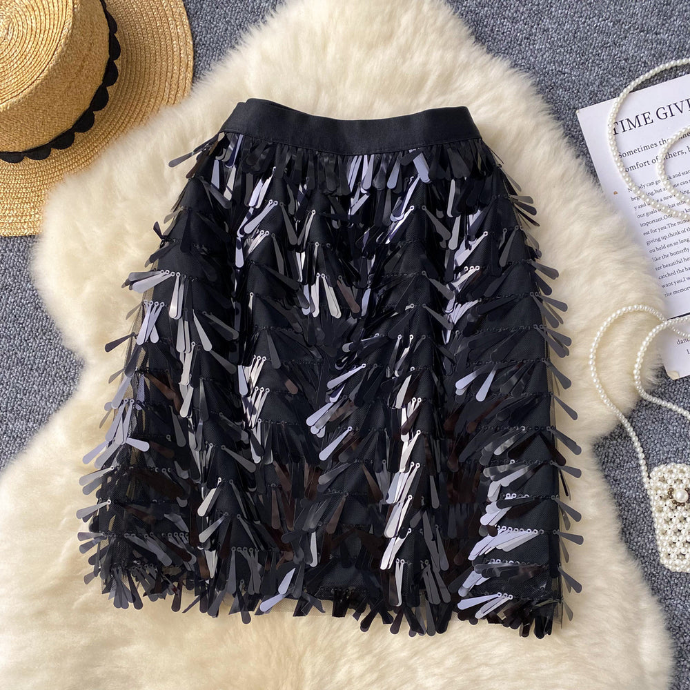 European and american style  summer new arrival: pure & sultry hot girl sexy versatile colorful sequin sparkly midi skirt with tassel detail