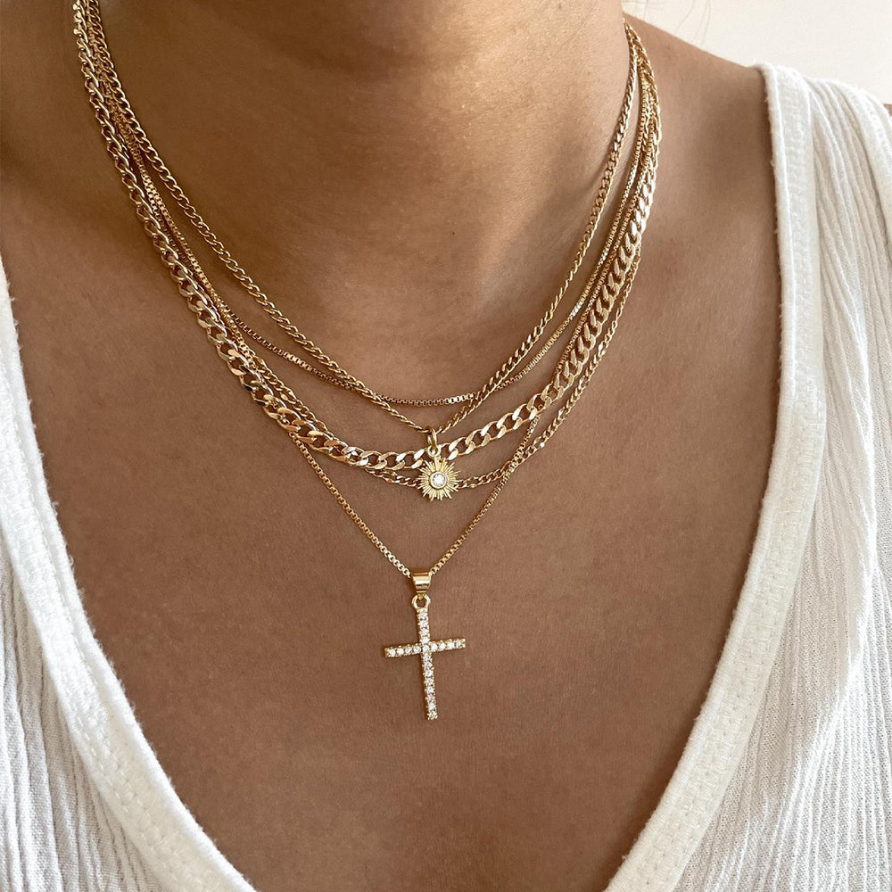 Wholesale diamond-studded cross necklace - european & american cross-border jewelry - women's multi-layered, stackable, high-end sun clavicle chain